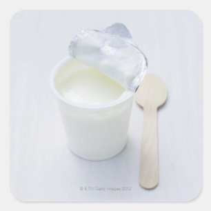 Yoghurt in opened disposable cup square sticker