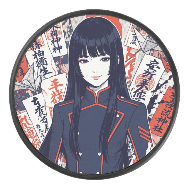 Yokai and protective talismans depicted in a Japan Hockey Puck (Front)