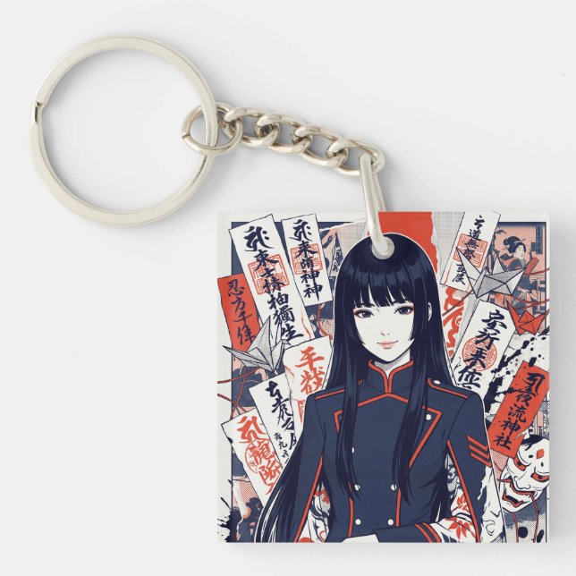 Yokai and protective talismans depicted in a Japan Key Ring (Front)