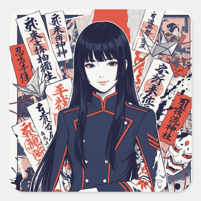 Yokai and protective talismans depicted in a Japan Square Sticker (Front)