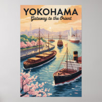 Yokohama Japan Illustration Travel Art Vintage