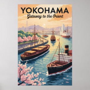 Yokohama Japan Illustration Travel Art Vintage Poster