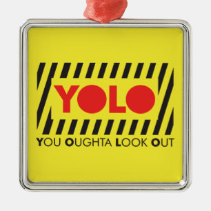 YOLO w/ Red Caution Metal Tree Decoration