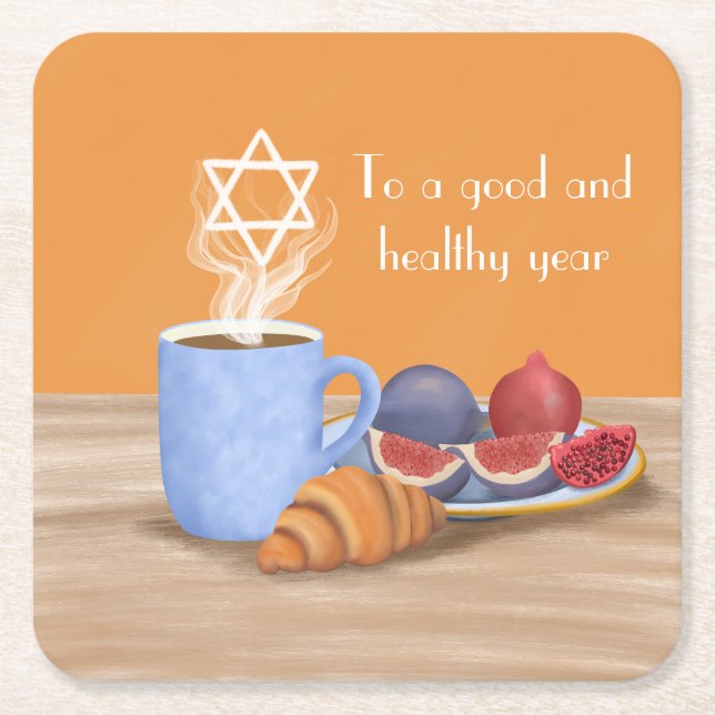 Yom Kippur Break-the-Fast: Coffee, Pomegranates  Square Paper Coaster (Front)