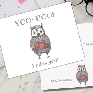 Yoo-hoo Heart Owl I Miss You School Teacher Postcard