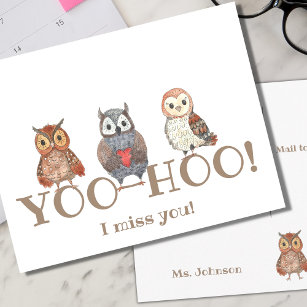 Yoo-hoo Watercolor Owls I Miss You School Teacher Postcard