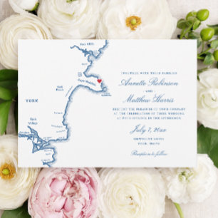 York Maine Elegant Navy Map Wedding Invitation