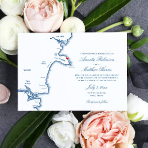York Maine Elegant Navy Map Wedding Invitation