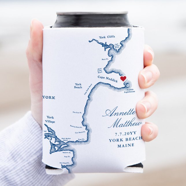 York Maine Map Wedding Favour Drink Can Cooler (These York Beach Maine Can Coolers are great wedding favor coozies for your destination wedding)