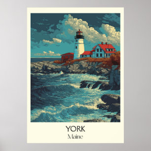 York Maine Vintage Lighthouse Coastal Waves Art Poster