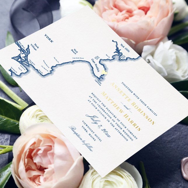 York Maine Wedding Navy and Gold  (This Navy Blue and Gold foil York, Maine wedding invitation is perfect for your nautical wedding)