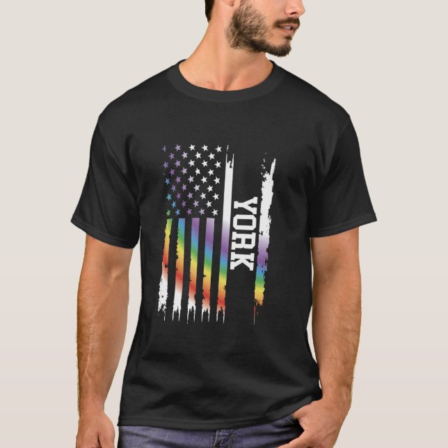 York United States Distressed Rainbow w US Flag T-Shirt (Front)