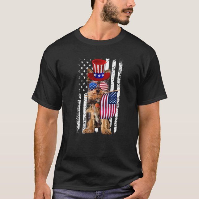 Yorkie American Flag Sunglasses Banada Dog T-Shirt (Front)