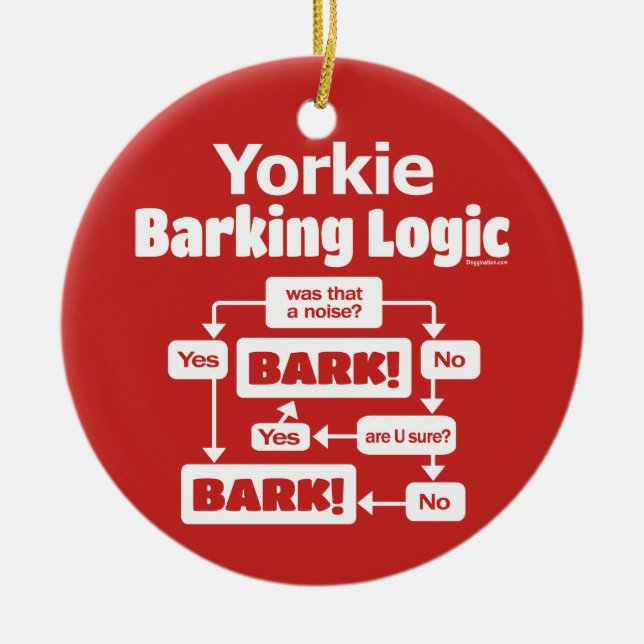 Yorkie Barking Logic Ceramic Tree Decoration (Front)