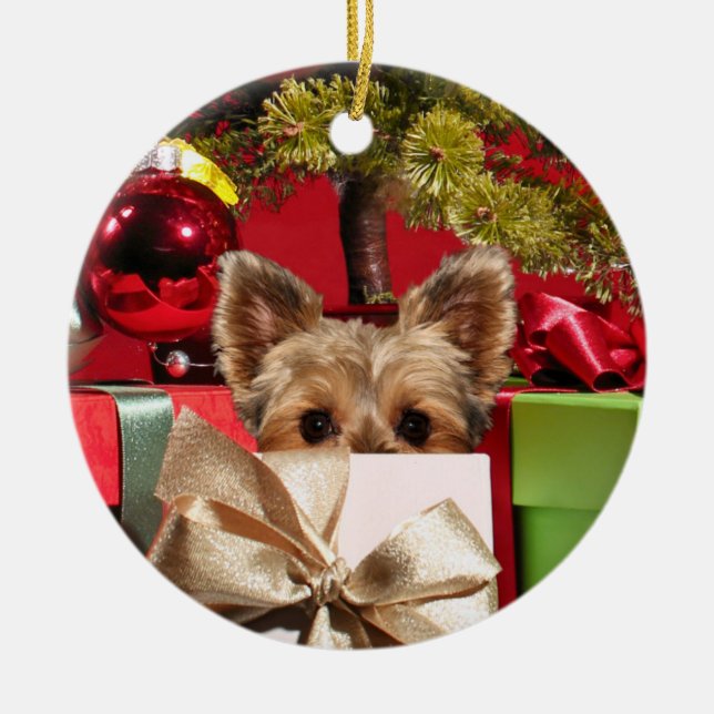 Yorkie Christmas Ceramic Tree Decoration (Front)