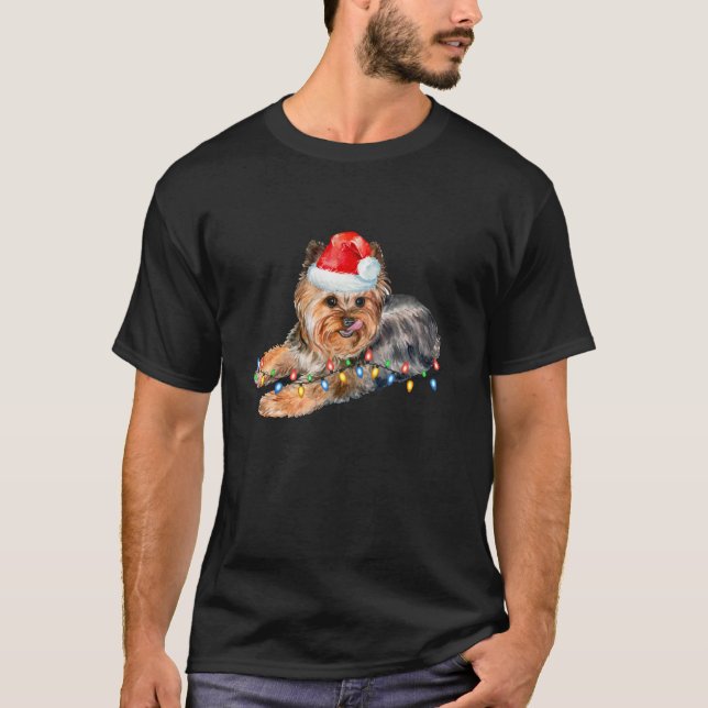 Yorkie Christmas Ligh Puppy Dog Xmas Funny  T-Shirt (Front)