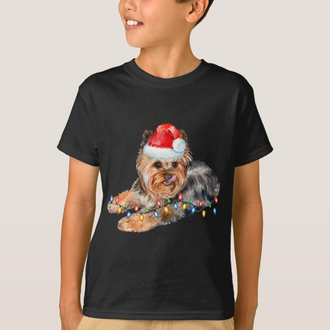 Yorkie Christmas Light Puppy Dog Xmas Funny T-Shirt (Front)