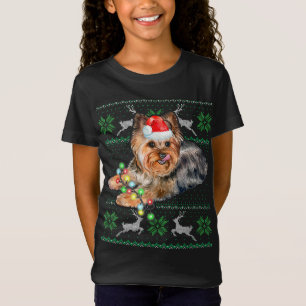 Yorkie Christmas Lights Tree Santa Hat Dog Lover P T-Shirt
