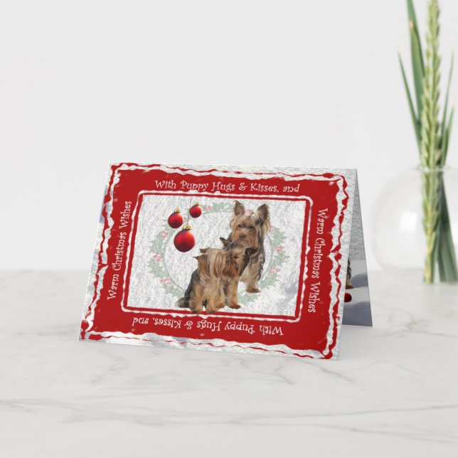 Yorkie Christmas Puppy Hugs & Kisses Greeting card (Front)