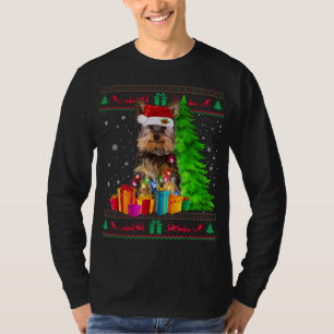 Yorkie Christmas Tree Light Santa Hat Dog Lover Sw T-Shirt