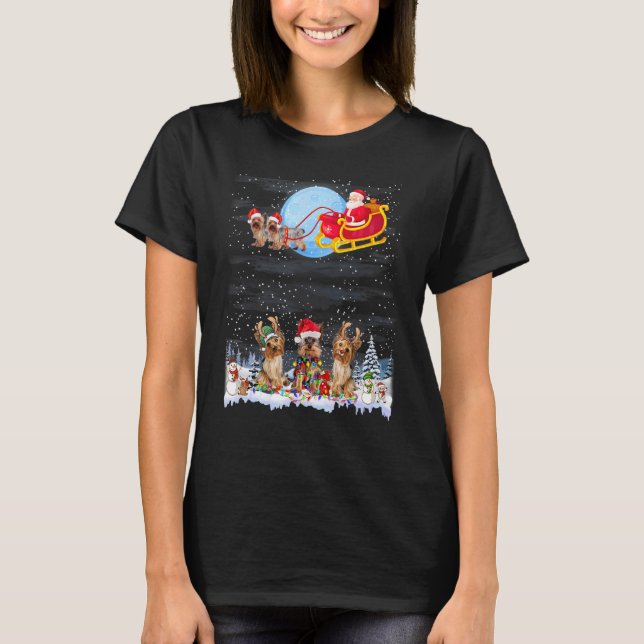 Yorkie Christmas Tree Lights Matching Family Xmas  T-Shirt (Front)