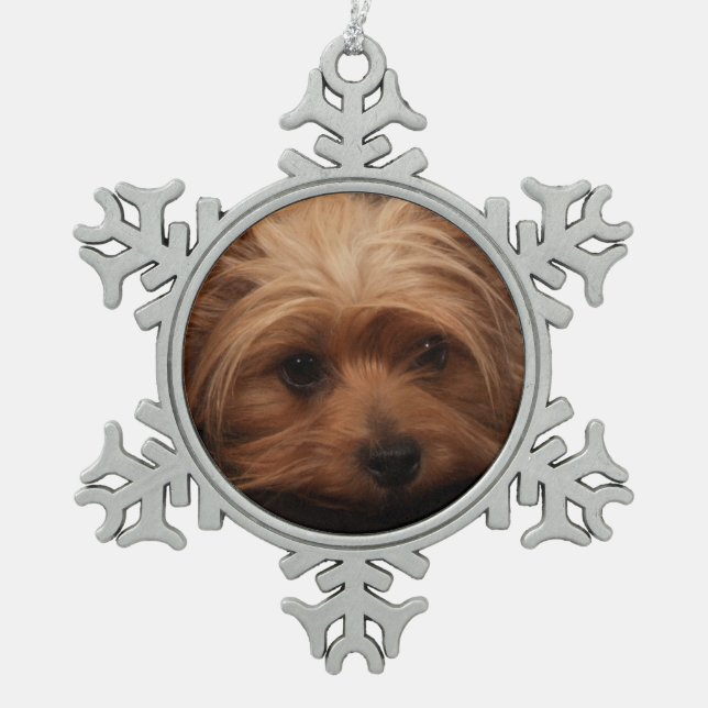 Yorkie Classic Pout Snowflake Pewter Christmas Ornament (Front)