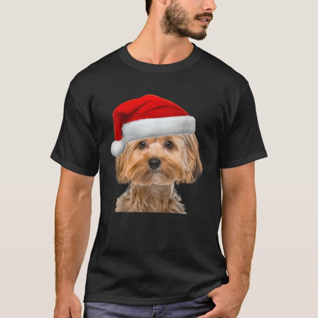 Yorkie Cute Dog Santa Hat Image Funny Christmas Gi T-Shirt (Front)