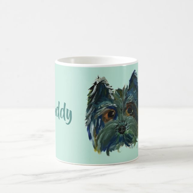 Yorkie Cute Puppy Painting in Blue and Green Coffee Mug (Center)