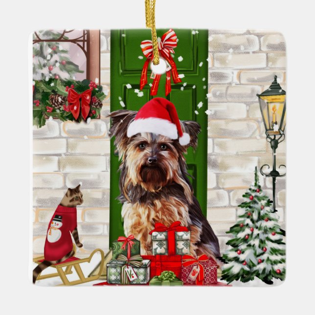 Yorkie Dog Christmas   Ceramic Ornament (Front)