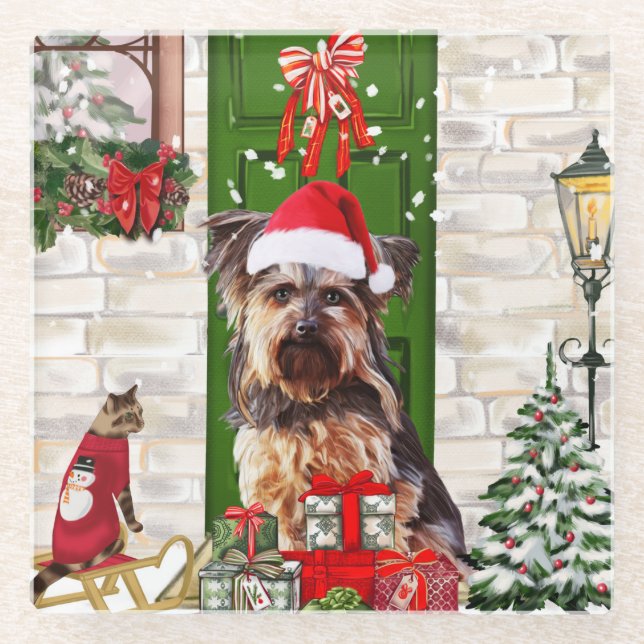 Yorkie Dog Christmas   Glass Coaster (Front)