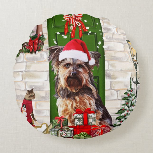 Yorkie Dog Christmas   Round Cushion (Front)