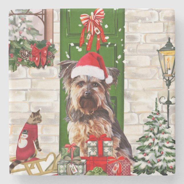 Yorkie Dog Christmas   Stone Coaster (Front)