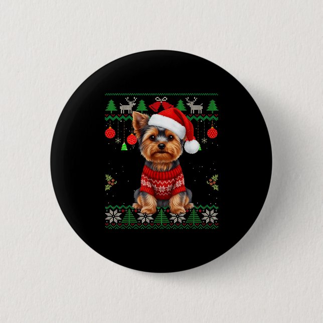 Yorkie Dog Christmas Wearing Ugly Christmas Sweate 6 Cm Round Badge (Front)