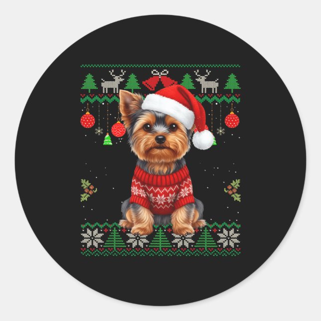 Yorkie Dog Christmas Wearing Ugly Christmas Sweate Classic Round Sticker (Front)