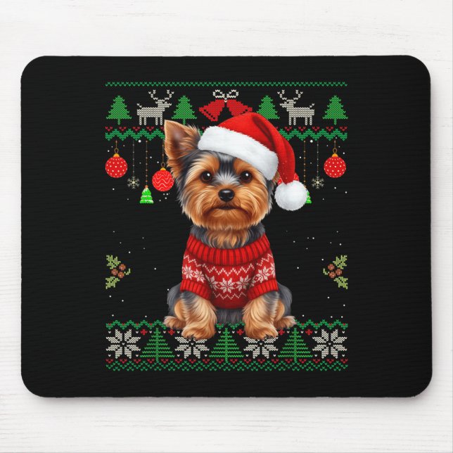 Yorkie Dog Christmas Wearing Ugly Christmas Sweate Mouse Mat (Front)