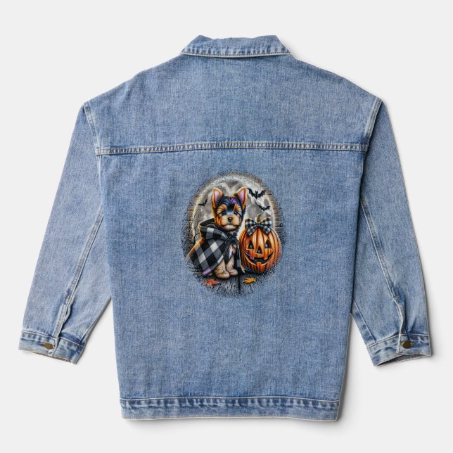 Yorkie Dog Halloween Denim Jacket (Back)