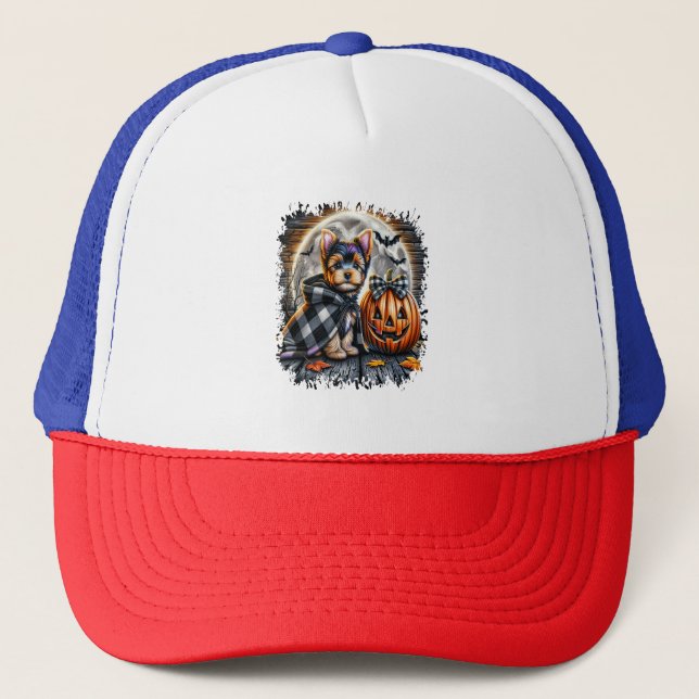 Yorkie Dog Halloween Square Trucker Hat (Front)