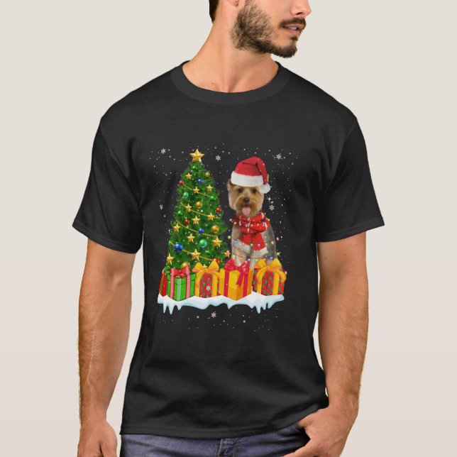 Yorkie Dog Lighting Xmas Tree Santa Hat Yorkie Chr T-Shirt (Front)