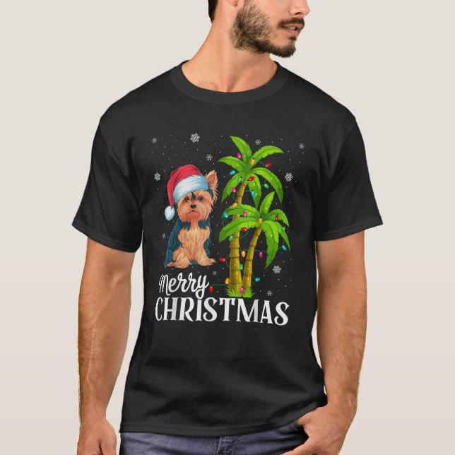 Yorkie Dog Lovers Men Women Christmas Tree Lights  T-Shirt (Front)