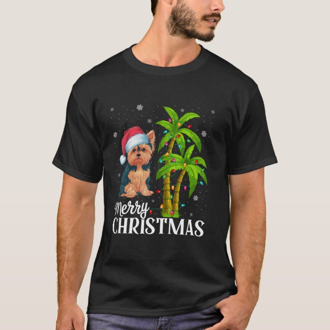 Yorkie Dog Lovers Men Women Christmas Tree Lights  T-Shirt (Front)