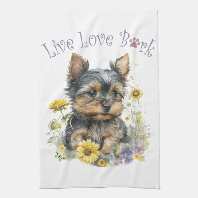 Yorkie Dog Mum Floral Tea Towel (Vertical)