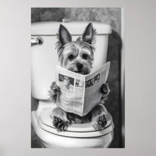 Yorkie Dog Newspaper Art, Funny Bathroom Print