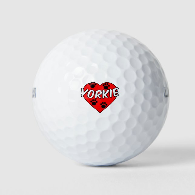 Yorkie Dog Paw Prints And Red Heart Golf Balls (Front)