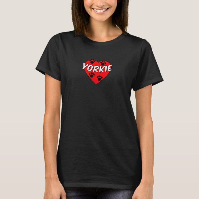 Yorkie Dog Paw Prints And Red Heart T-Shirt (Front)