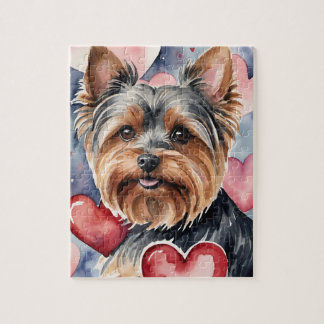 Yorkie Dog Pet Portrait Watercolor Valentine Jigsaw Puzzle