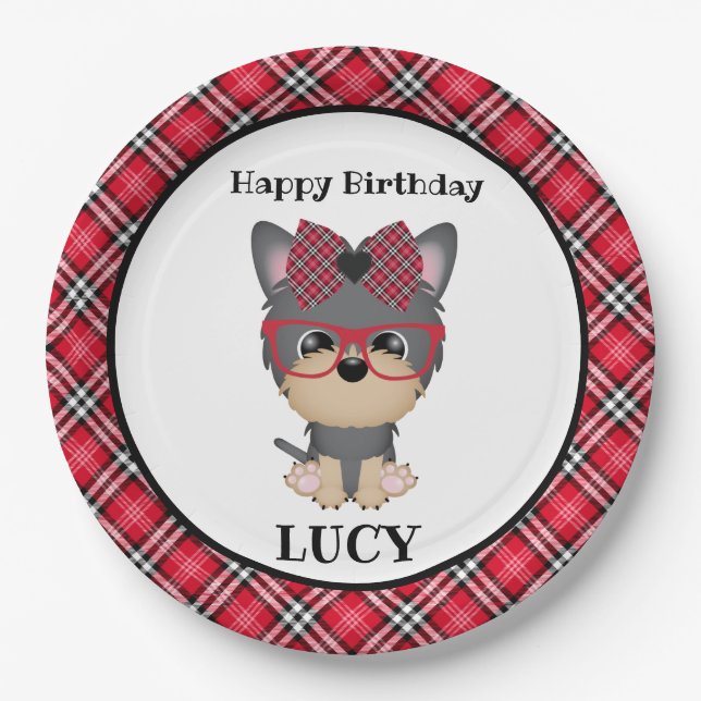Yorkie Dog Red Plaid Birthday Party Plate (Front)