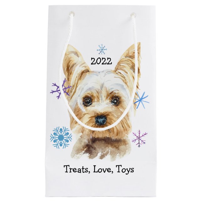 Yorkie Dog Snowflakes Custom Text Christmas Small Gift Bag (Front)