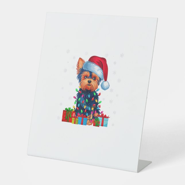 Yorkie Dog Ugly Xmas Lights Santa Hat Yorkie Dog C Pedestal Sign (Front)