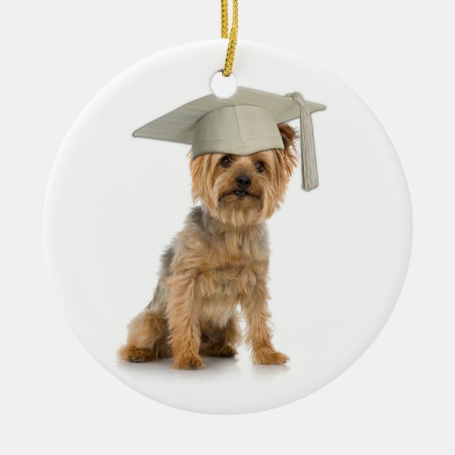 Yorkie Dog with Graduation Hat Ceramic Tree Decoration (Front)