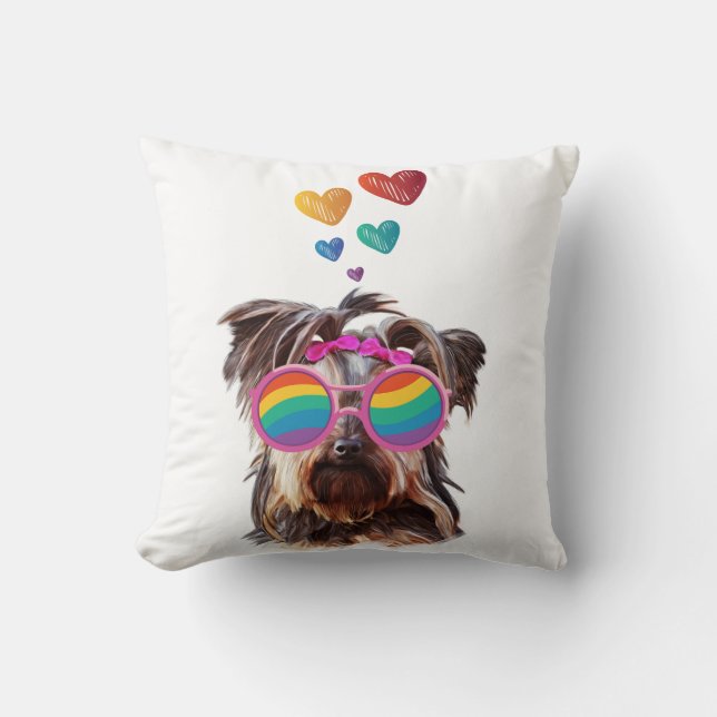 Yorkie Dog with Hearts Valentine's Day Cushion (Front)